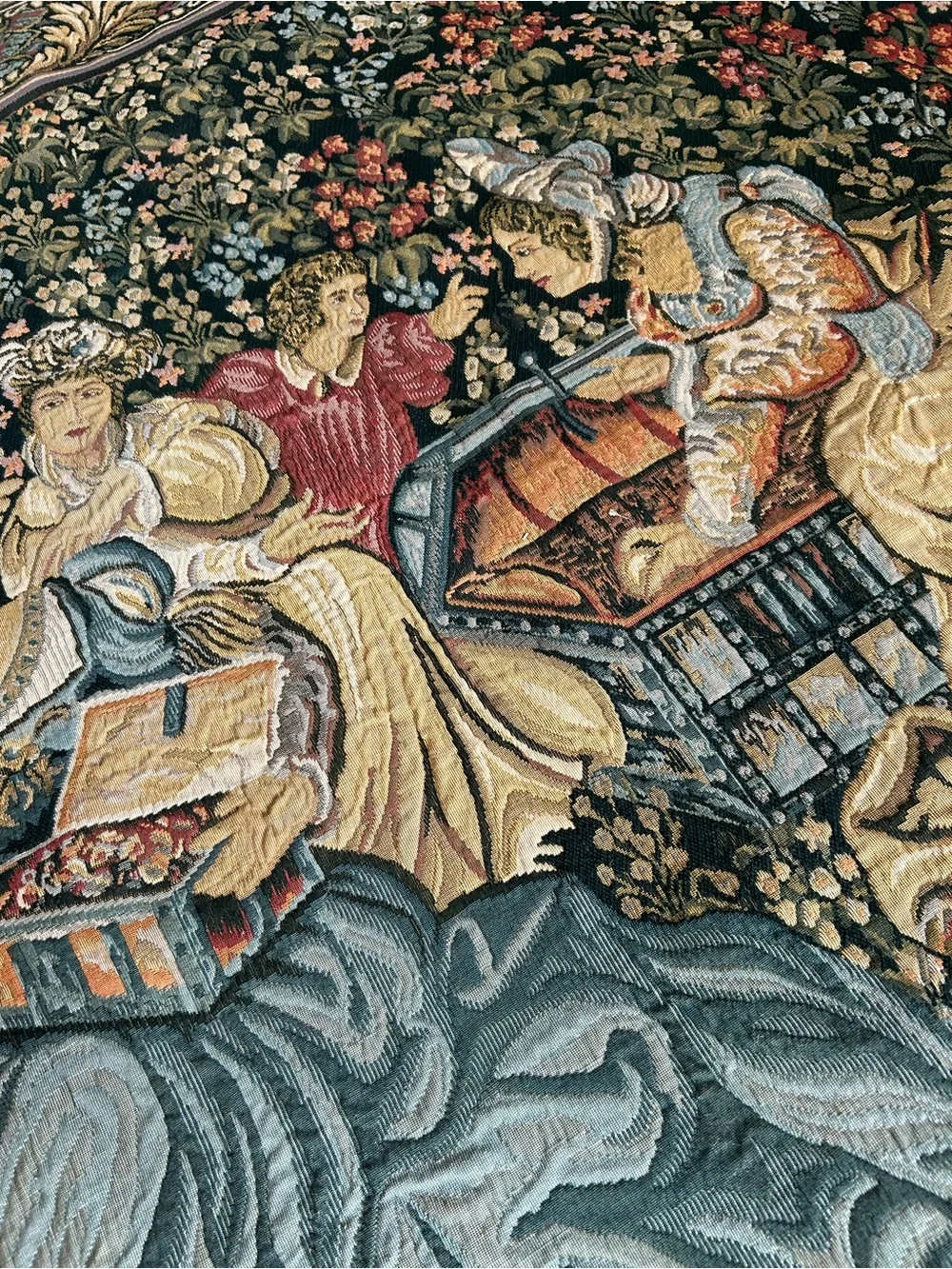 Classic Renaissance-Style Tapestry Wall Hanging in Green, Cream, and Gold FRENCH